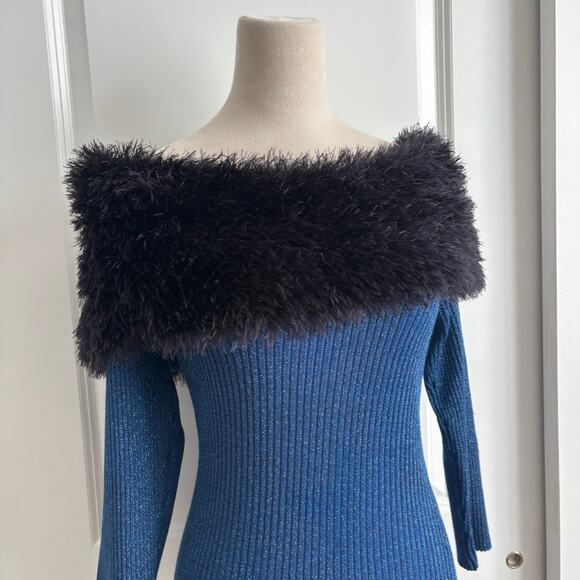 VTG Laura Michelle Holiday Shimmer Off Shoulder Top Black Faux Fur Y2K 90s S - Picture 2 of 7